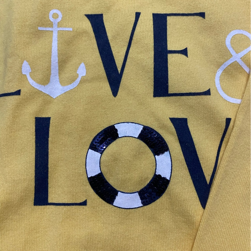 Kim Rogers XL yellow Graphic TEE love lettering in Navy sequin O. Long Sleeves